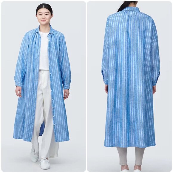 Muji Striped 100% Linen Long Shirt Dress Tunic Women M-L Blue Nautical Lagenlook - Picture 1 of 16